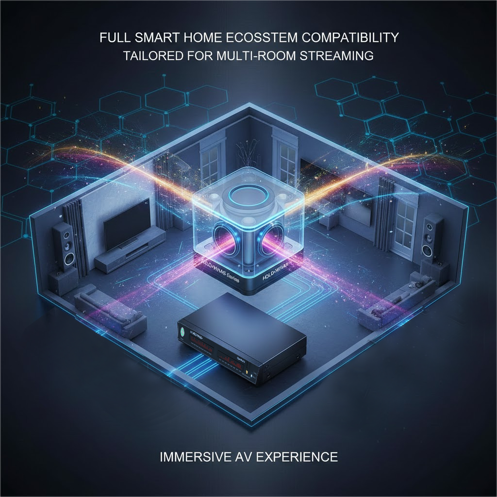 HOLO-WHAS Series & AVR-1046: Full Smart Home Ecosystem Compatibility, Tailored for Multi-Room Streaming & Immersive AV
